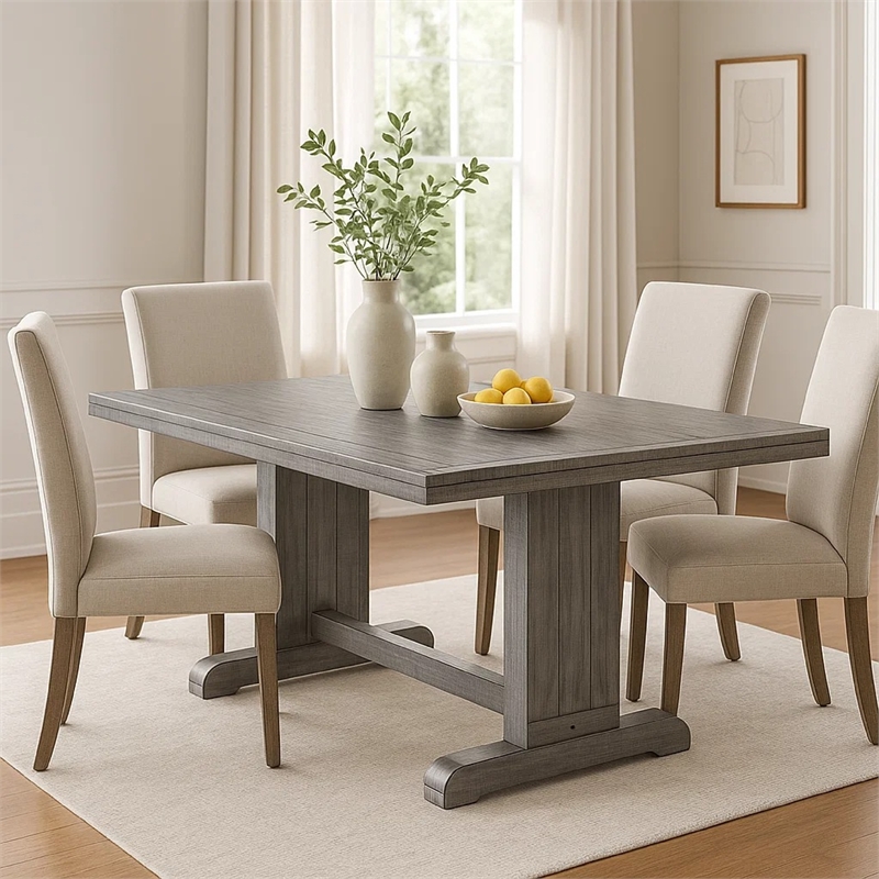 Pemberly Row 60 Inch Double Pedestal Dining Table in Weathered Gray Wood