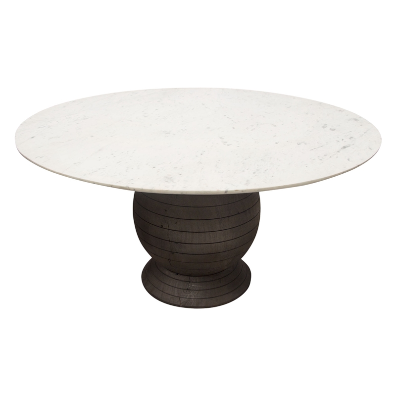 Pemberly Row 60 Inch Round White Marble Dining Table with Acacia Wood Base