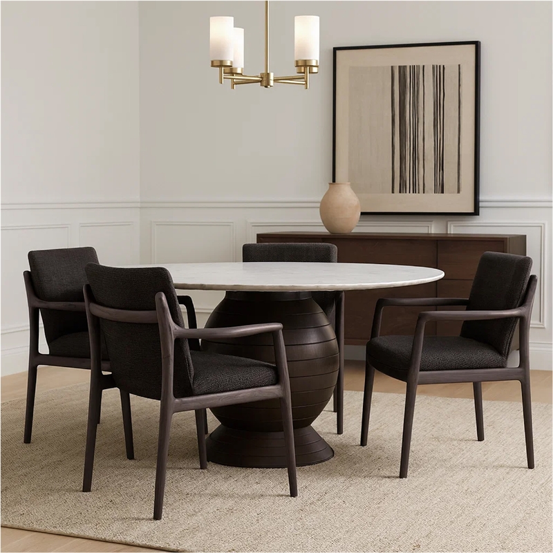 Pemberly Row 60 Inch Round White Marble Dining Table with Acacia Wood Base