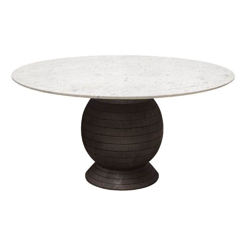 Pemberly Row 60 Inch Round White Marble Dining Table with Acacia Wood Base