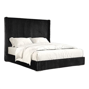 Pemberly Row Full Bed with Black Fur Chenille Ribbed Wing Headboard