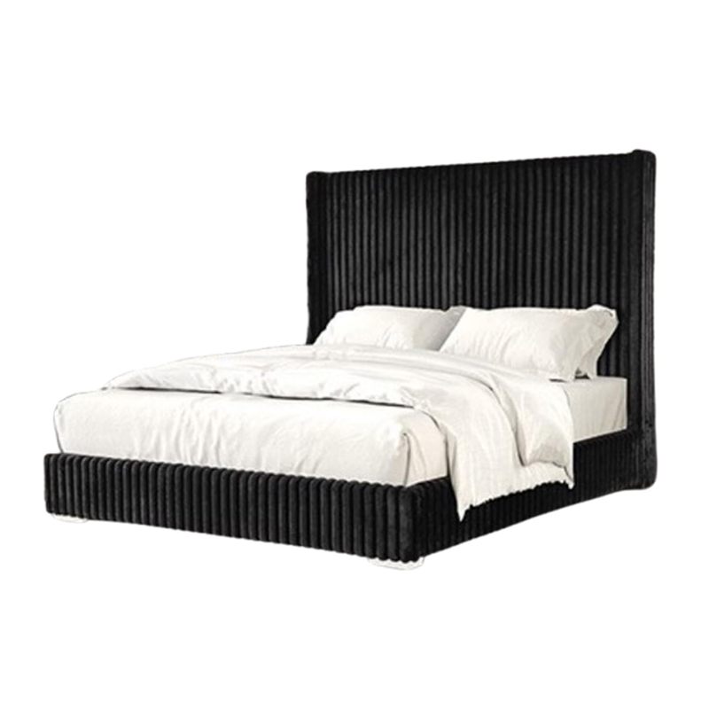 Pemberly Row Full Bed with Black Fur Chenille Ribbed Wing Headboard