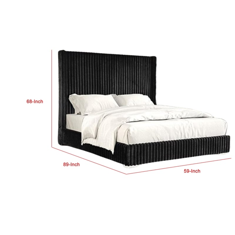 Pemberly Row Full Bed with Black Fur Chenille Ribbed Wing Headboard