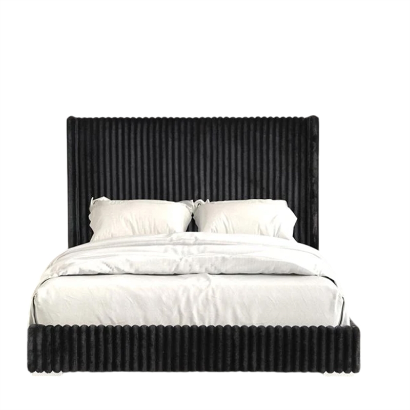 Pemberly Row Twin Bed with Black Fur Chenille Ribbed Wing Headboard