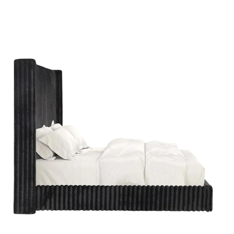 Pemberly Row Twin Bed with Black Fur Chenille Ribbed Wing Headboard