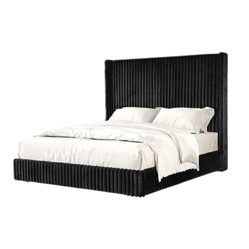 Pemberly Row Twin Bed with Black Fur Chenille Ribbed Wing Headboard