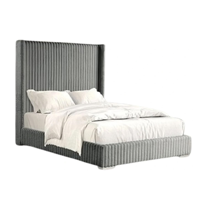 Pemberly Row King Bed with Gray Fur Chenille Ribbed Wing Headboard