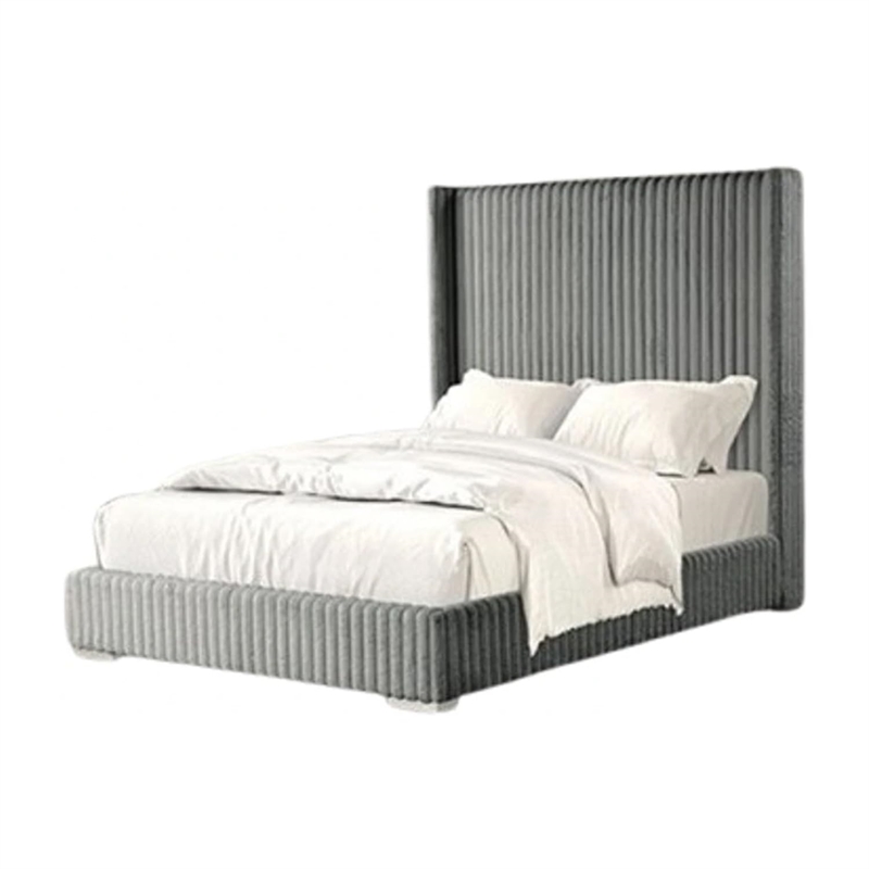 Pemberly Row King Bed with Gray Fur Chenille Ribbed Wing Headboard
