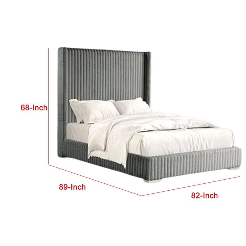 Pemberly Row King Bed with Gray Fur Chenille Ribbed Wing Headboard