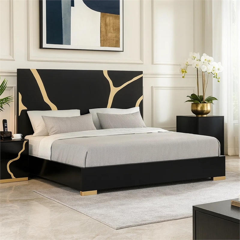 Pemberly Row King Bed in Gold and Black with Panel Headboard and Footboard