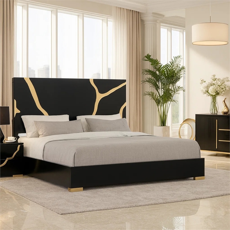 Pemberly Row King Bed in Gold and Black with Panel Headboard and Footboard