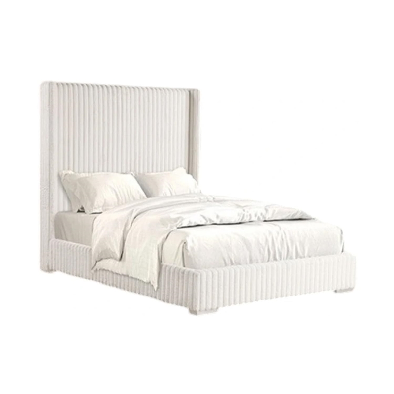 Pemberly Row Queen Bed with White Fur Chenille Ribbed Wing Headboard