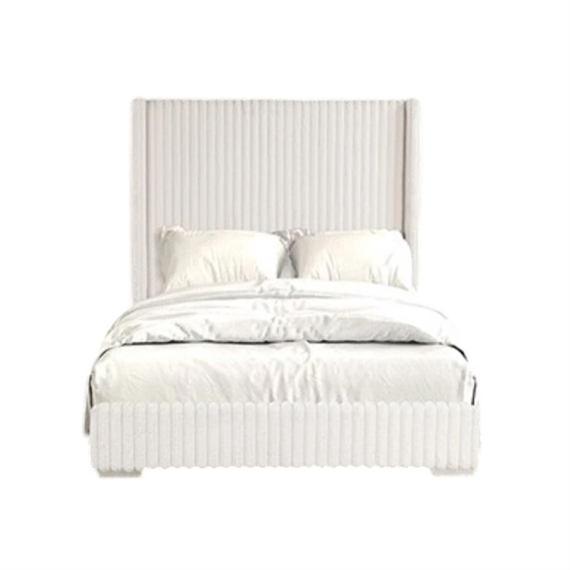 Pemberly Row Queen Bed with White Fur Chenille Ribbed Wing Headboard