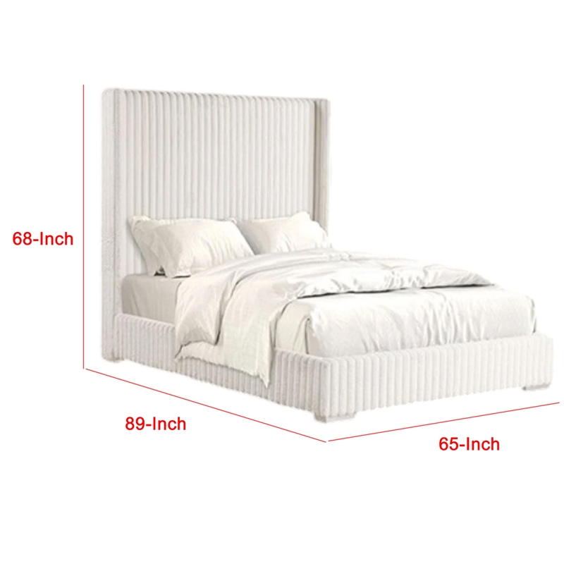 Pemberly Row Queen Bed with White Fur Chenille Ribbed Wing Headboard