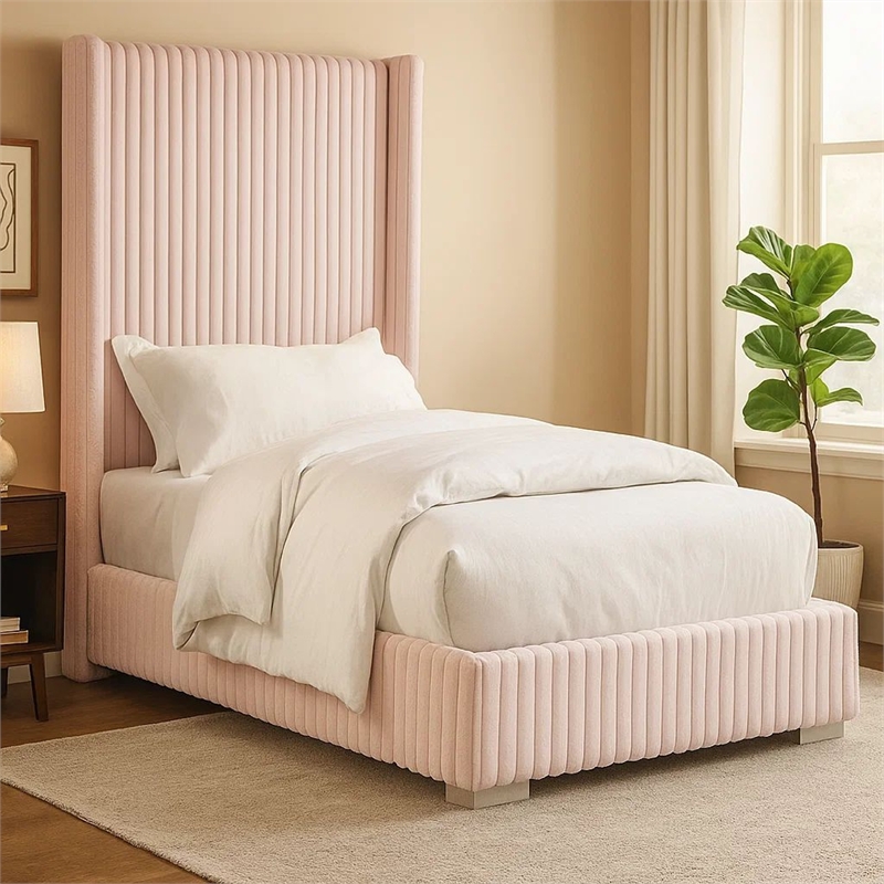 Pemberly Row Twin Size Bed with Pink Channel Tufted Fur Chenille Upholstery