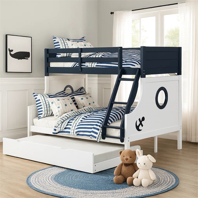 Pemberly Row Twin Over Full Bunk Bed with Trundle in Blue and White