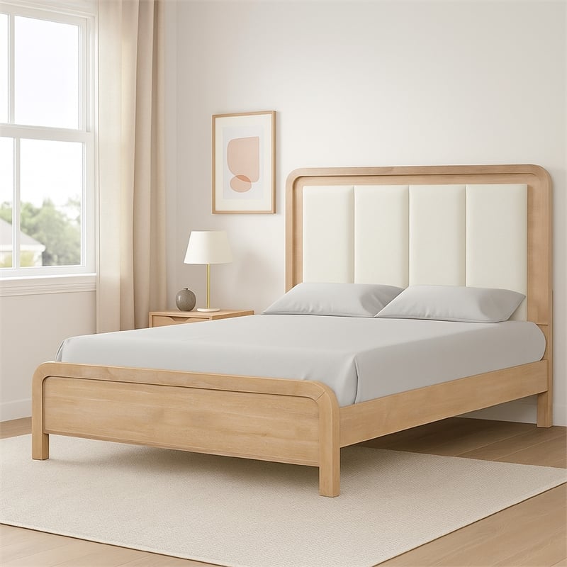 Pemberly Row Queen Bed with White Channeled Headboard in Natural Brown