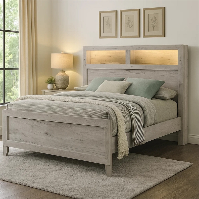 Pemberly Row King Bed with Headboard Shelves and Lighting in White Wash
