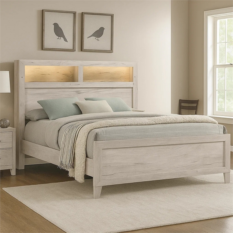 Pemberly Row King Bed with Headboard Shelves and Lighting in White Wash