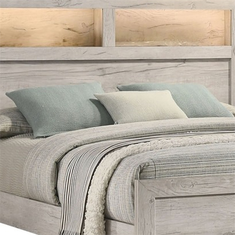 Pemberly Row King Bed with Headboard Shelves and Lighting in White Wash