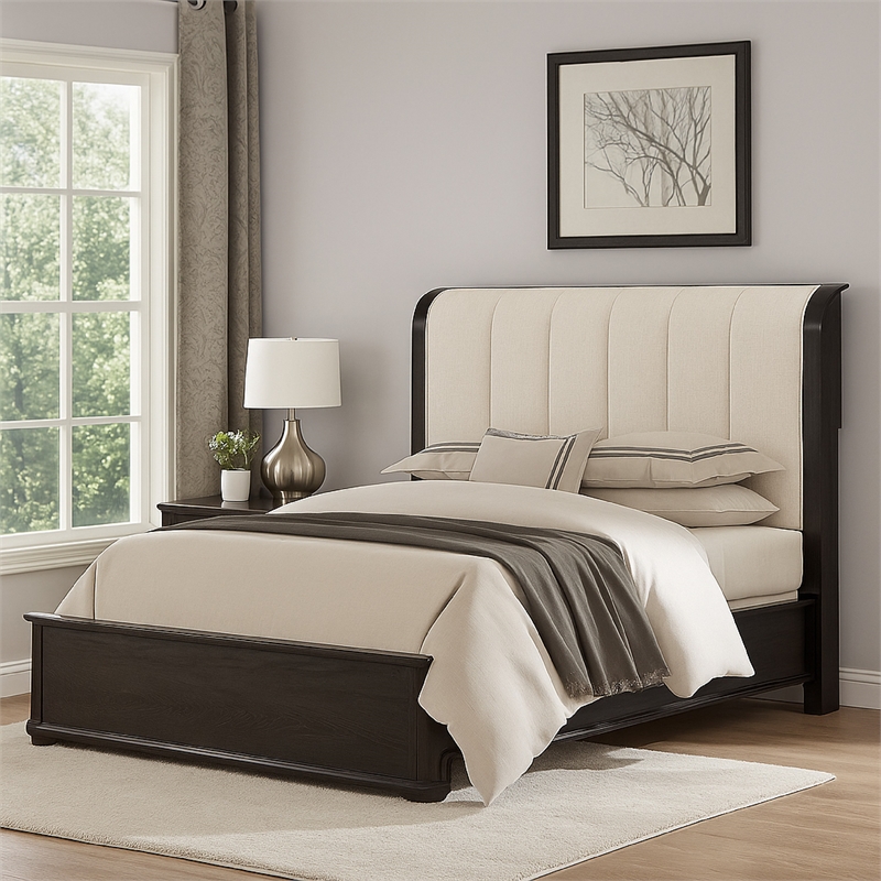 Pemberly Row Queen Bed with Vertical Channeled White Headboard in Black