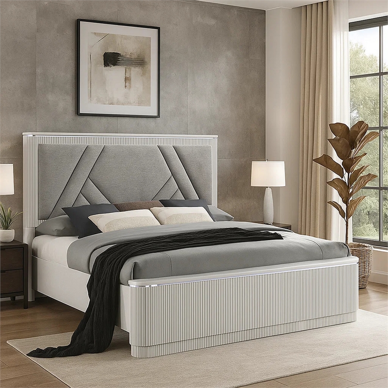 Pemberly Row King Bed with Geometric Upholstered Headboard in Light Gray