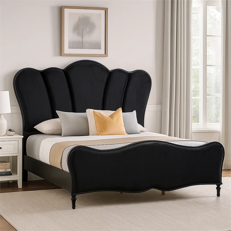 Pemberly Row King Bed with Scalloped Channel Tufted Headboard in Black