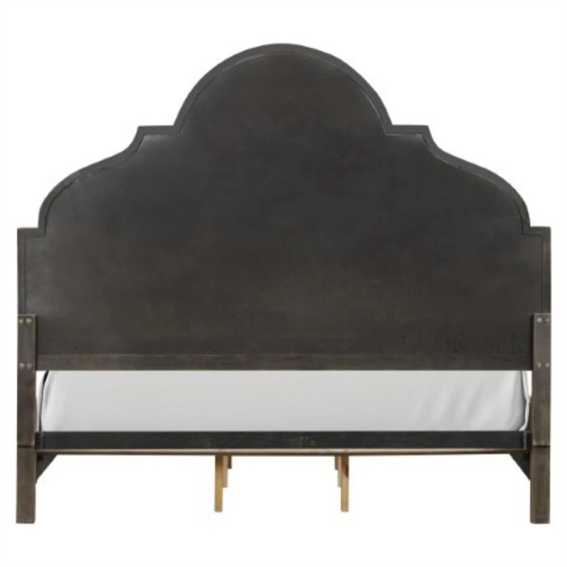 Pemberly Row King Bed with Scalloped Ivory Upholstery in Rustic Oak