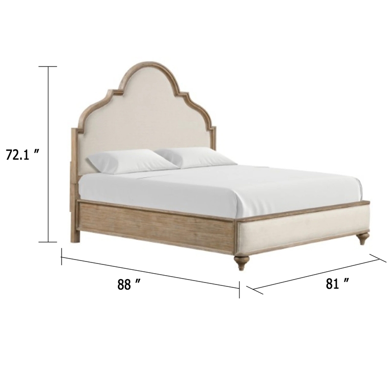 Pemberly Row King Bed with Scalloped Ivory Upholstery in Rustic Oak