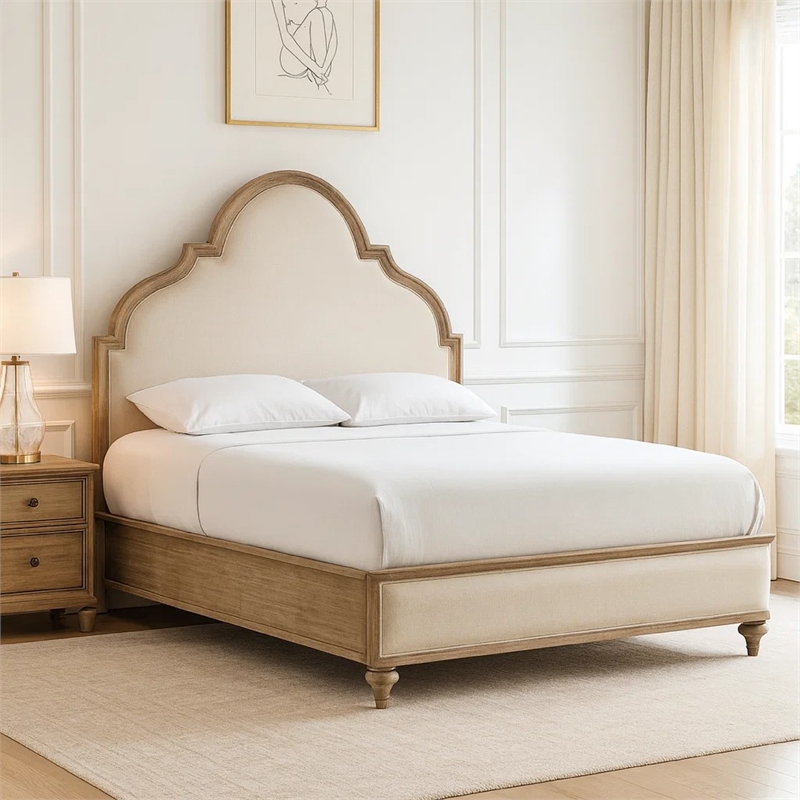 Pemberly Row King Bed with Scalloped Ivory Upholstery in Rustic Oak