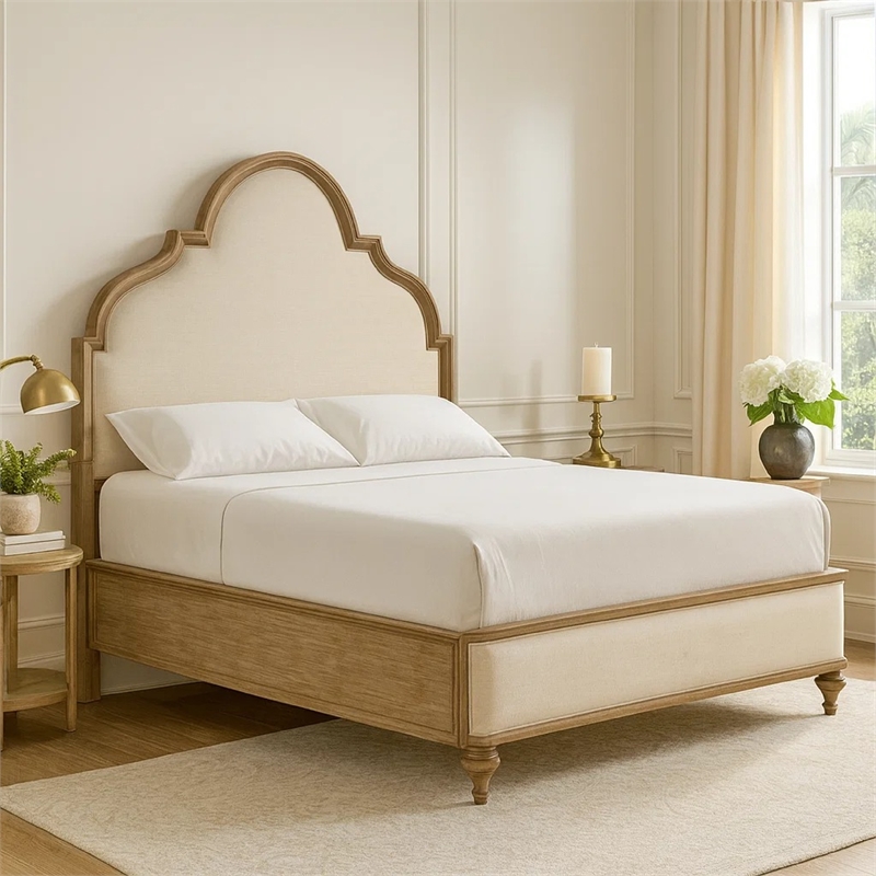 Pemberly Row King Bed with Scalloped Ivory Upholstery in Rustic Oak