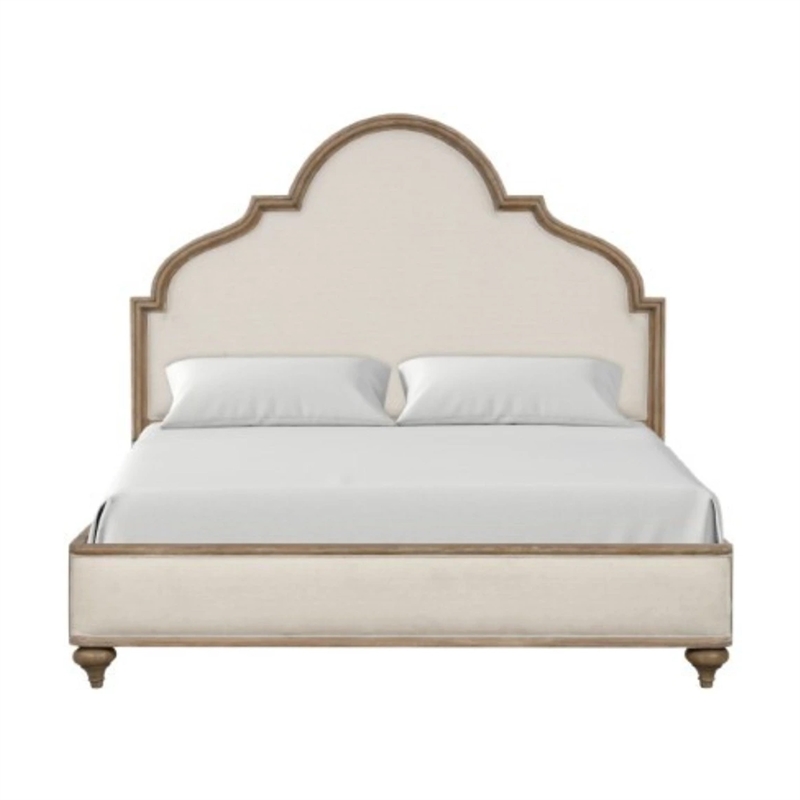 Pemberly Row King Bed with Scalloped Ivory Upholstery in Rustic Oak