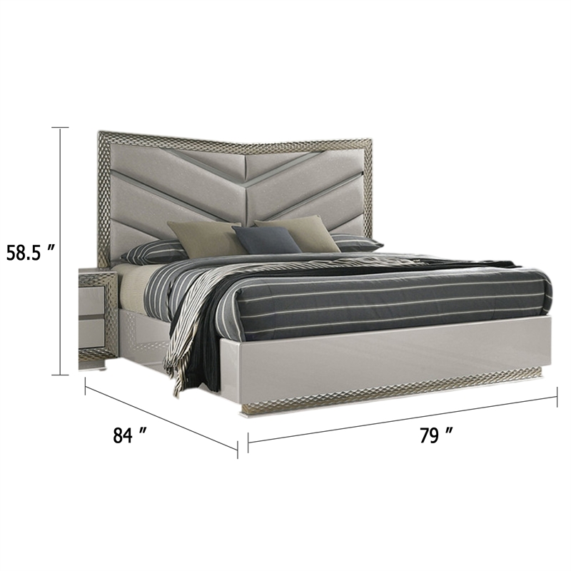 Pemberly Row King Bed with Gray Chevron Satin Upholstery and LED Lighting