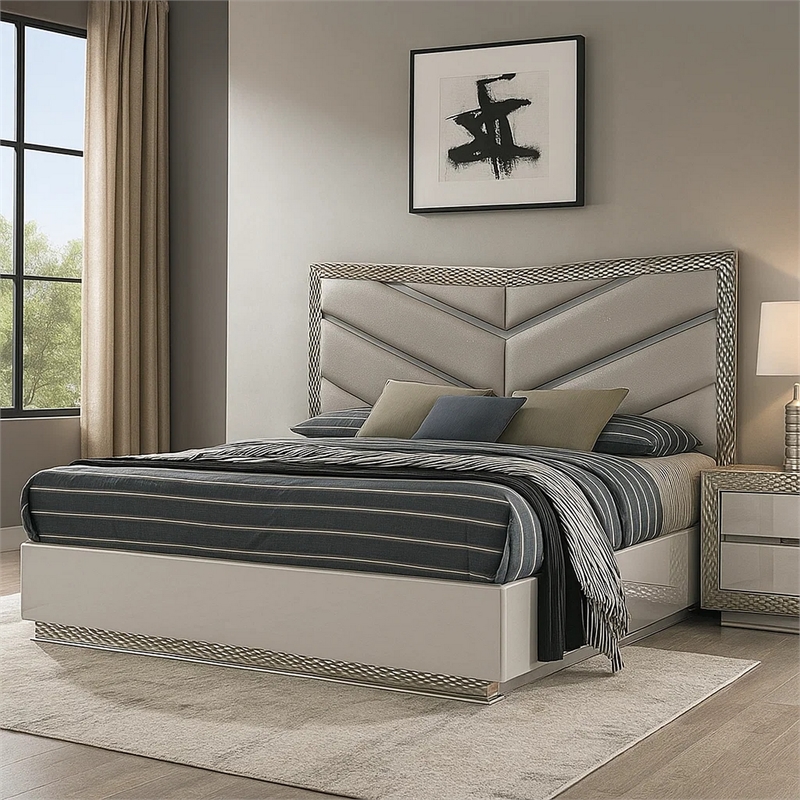 Pemberly Row King Bed with Gray Chevron Satin Upholstery and LED Lighting