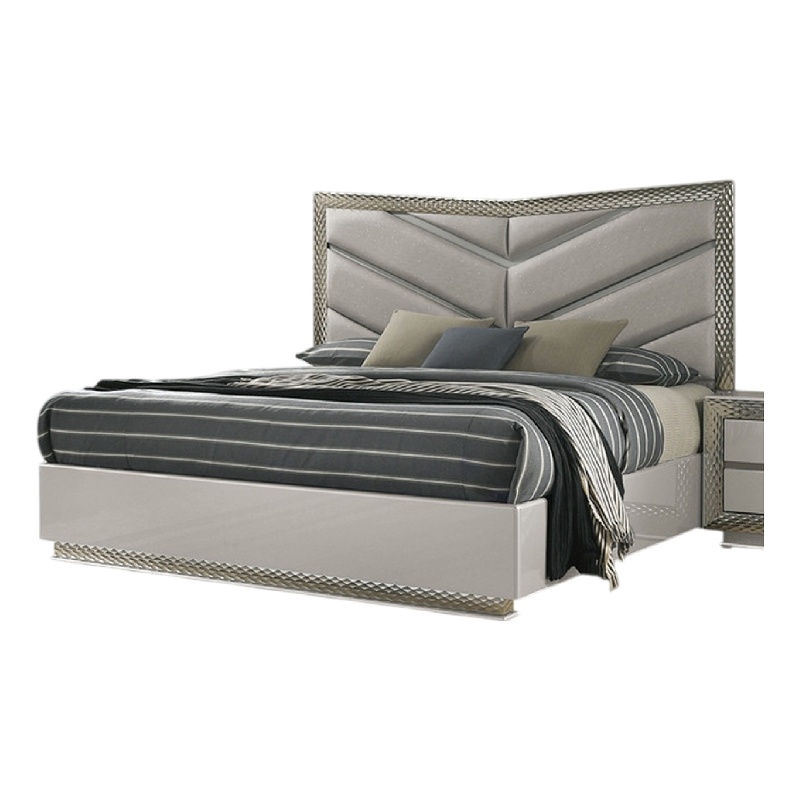 Pemberly Row King Bed with Gray Chevron Satin Upholstery and LED Lighting