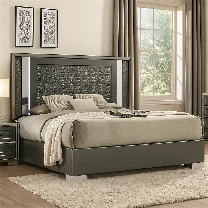 Pemberly Row King Bed with LED Headboard and Leaf Molding in Dark Gray