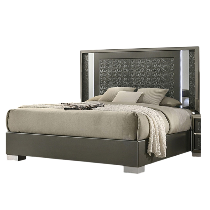 Pemberly Row King Bed with LED Headboard and Leaf Molding in Dark Gray