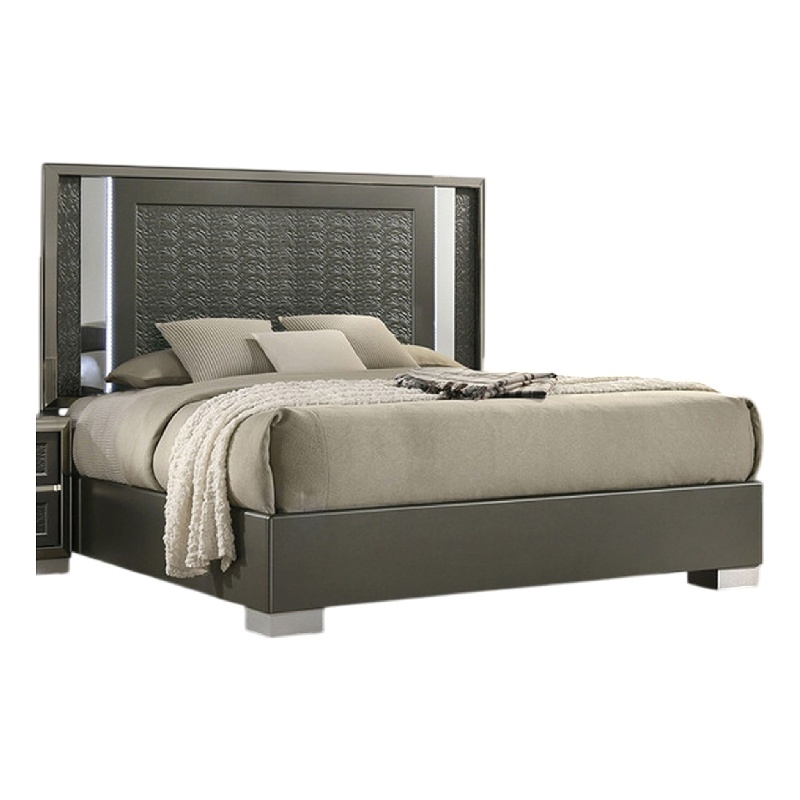 Pemberly Row King Bed with LED Headboard and Leaf Molding in Dark Gray