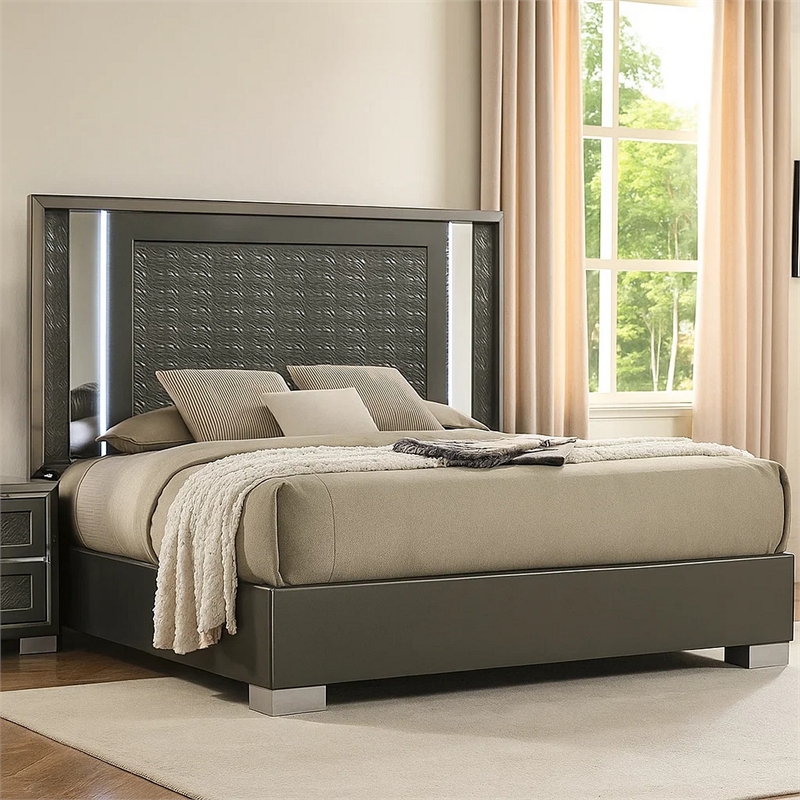 Pemberly Row Queen Bed with LED Headboard and Leaf Molding in Dark Gray