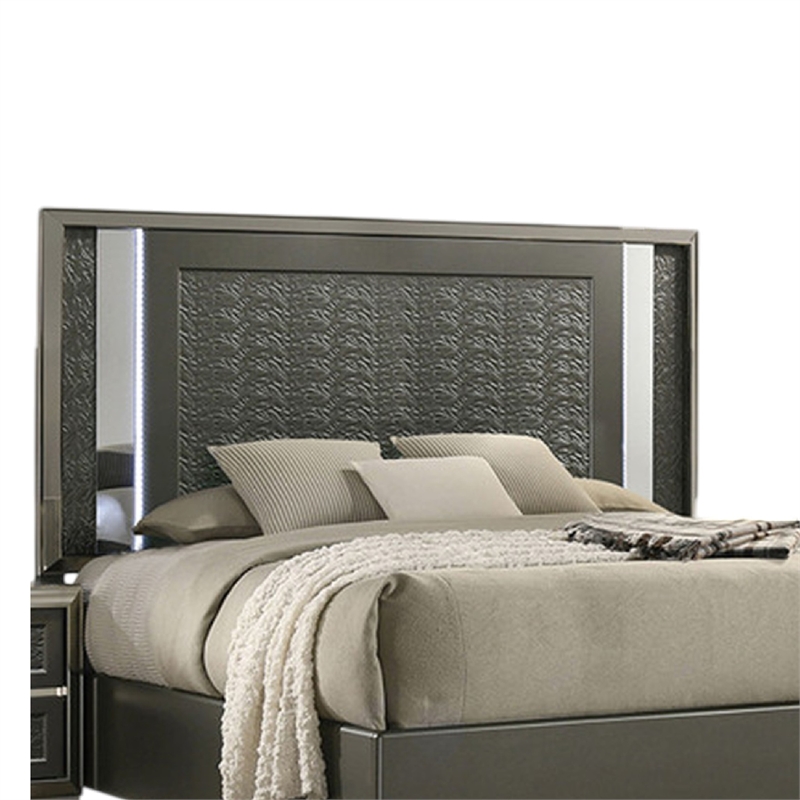 Pemberly Row Queen Bed with LED Headboard and Leaf Molding in Dark Gray
