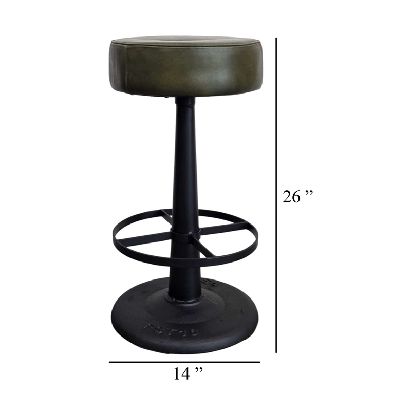 Pemberly Row Counter Height Stool with Round Black Leather Seat and Iron Base