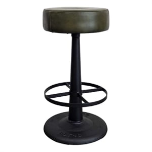 Pemberly Row Counter Height Stool with Round Green Leather Seat and Iron Base