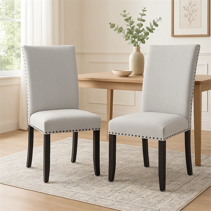 Pemberly Row Set of 2 Dining Chairs with Nailhead Trim in Gray and Black