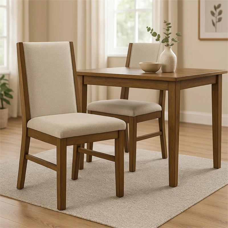 Pemberly Row Set of 2 Dining Chairs in Beige Fabric with Brown Wood Frame