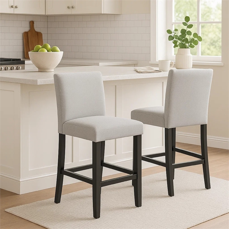Pemberly Row Set of 2 Counter Height Chairs in Black Wood with Dove Gray Fabric