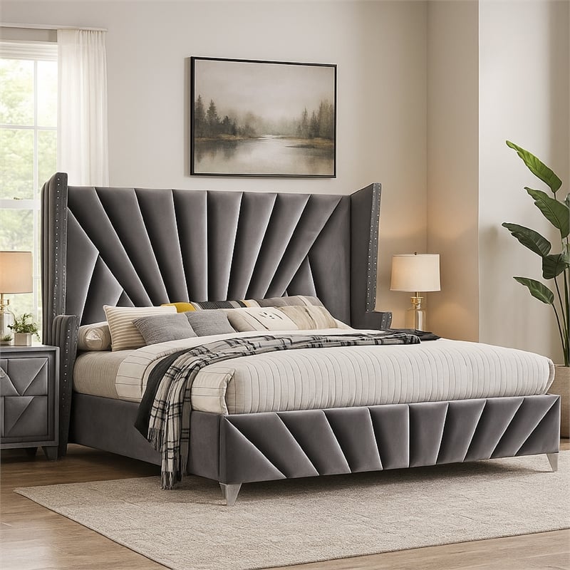 Pemberly Row Queen Size Bed with Wingback Headboard in Gray Fabric