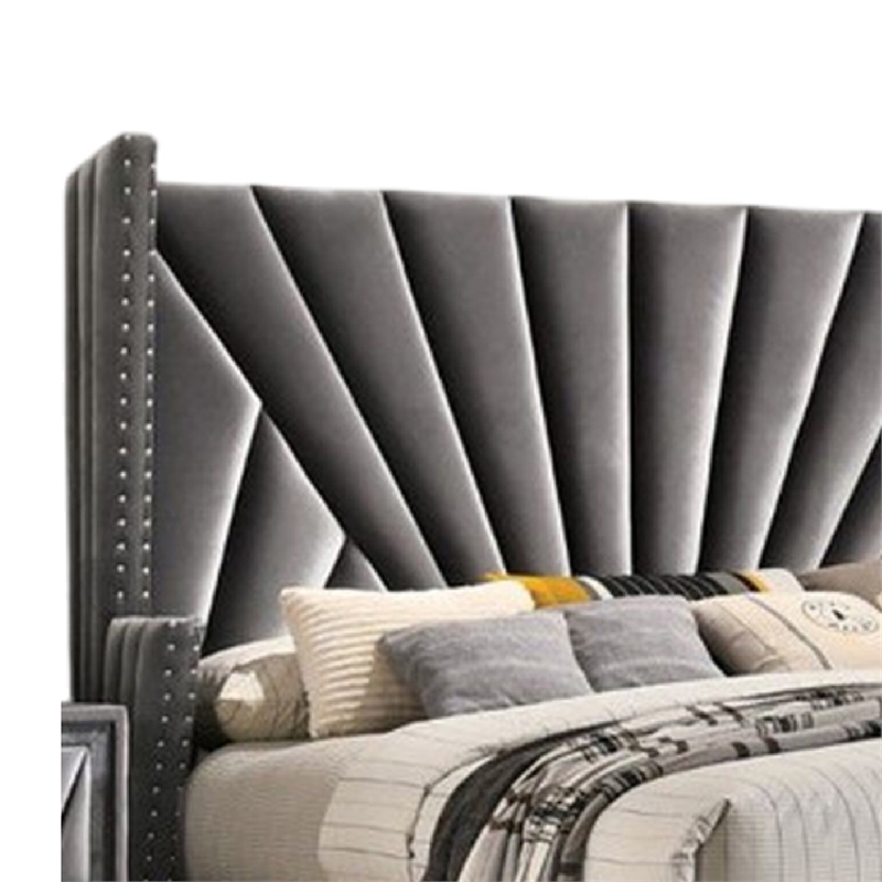 Pemberly Row Queen Size Bed with Wingback Headboard in Gray Fabric