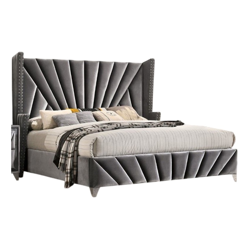 Pemberly Row Queen Size Bed with Wingback Headboard in Gray Fabric