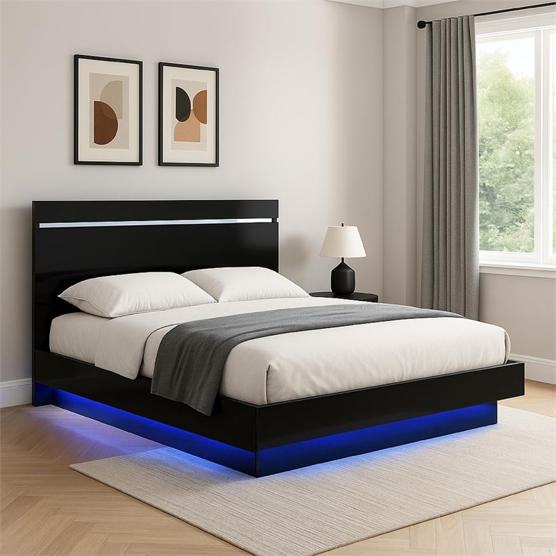Pemberly Row Queen Size Bed with Chrome Headboard and LED Footboard in Black