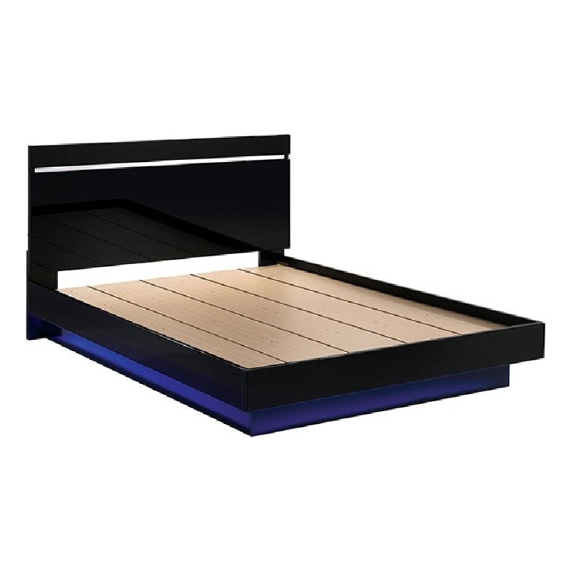 Pemberly Row Queen Size Bed with Chrome Headboard and LED Footboard in Black
